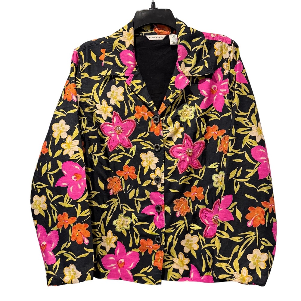 Laura Ashley Silk Floral Beaded Embroidered Button Down Blazer Medium